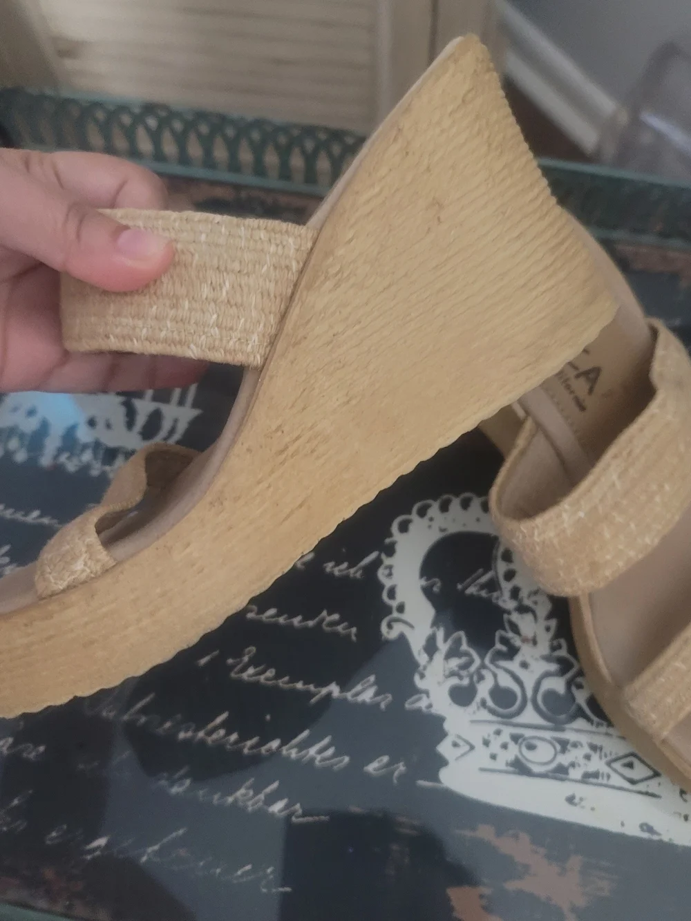 Sbicca Tan Woven Double-Strap Wedge Mules